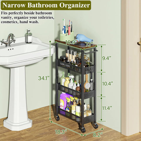 4 Tier Slim Rolling Storage Cart With Wood Top For Narrow Spaces Between Appliances In Small Kitchens, Laundry Rooms Or Bathrooms