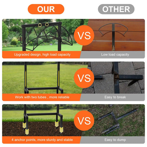 Comparison of Freestanding Heavy Duty Garden Hose Holder with upgraded metal stand vs basic hose holder.