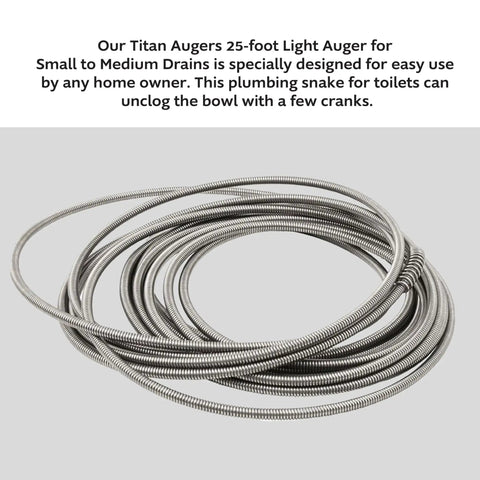 Hand Crank Drain Auger, Quarter Inch Cable, 25 Feet Long For Toilets And 2 Inch Drains, Light Duty Plumber Snake on display.