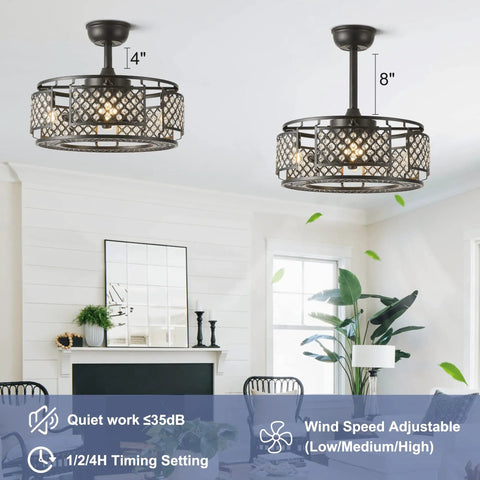 Living room with Farmhouse Crystal Cage Ceiling Fan With Remote Light 3 Speeds Cozy Vibe and flush-mount design.