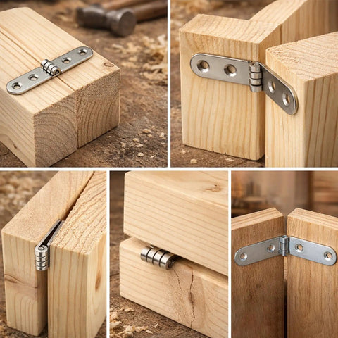 Workhorse Quality 4 Piece 180 Degree Folding Hinge Kit With Sturdy Right Angle Brackets And Complete Screw Set For Rock Solid Furniture Assembly And No Sweat Setup on wooden boards.