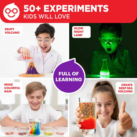 Ultimate Science Experiments Kit For Kids Ages 8 and Up With 50 Plus Fun Experiments Color Changing Volcanoes Rainbow Crystals Hands On STEM Learning Easy To Follow Instructions Real Scientist Vibe For Curious Young Minds, kids doing volcano and glow experiments