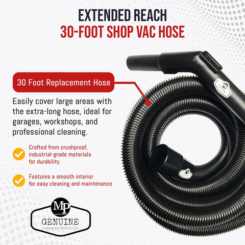 Heavy Duty Replacement Vacuum Hose For Shop Vac And Ridgid Style Wet Dry Vacuums, Crushproof Design, 30 Foot Industrial Hose