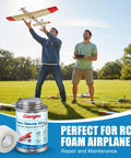 Foam RC Plane Repair Kit With 4 Oz Foam Glue And Hinge Tape Roll Pro Grade Brush Cap Applicator, two men flying RC plane