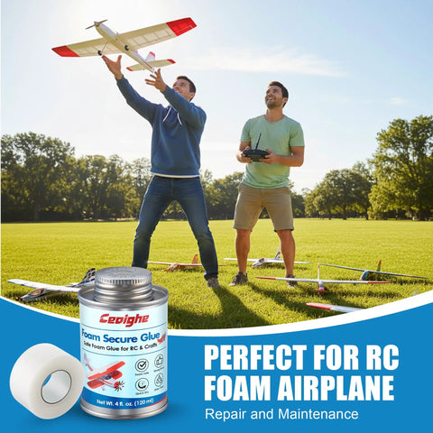 Foam RC Plane Repair Kit With 4 Oz Foam Glue And Hinge Tape Roll Pro Grade Brush Cap Applicator, two men flying RC plane