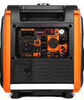 Front view of Dual Fuel Inverter Generator With Remote Electric Start 4500 Surge Watts Gas 3500 Running Watts Or 4500 Surge Propane 3150 Running Watts RV Ready Portable Quiet 58 dBA EPA III CARB CO Watchdog Fuel Shut Off, showing control panel and sockets.