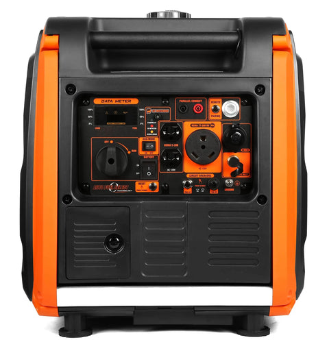 Front view of Dual Fuel Inverter Generator With Remote Electric Start 4500 Surge Watts Gas 3500 Running Watts Or 4500 Surge Propane 3150 Running Watts RV Ready Portable Quiet 58 dBA EPA III CARB CO Watchdog Fuel Shut Off, showing control panel and sockets.