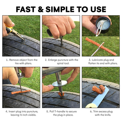 Step-by-step guide using Heavy Duty Tire Repair Kit For Cars, Trucks, Motorcycles, And ATVs Complete Flat Fix Plug Set for repair.