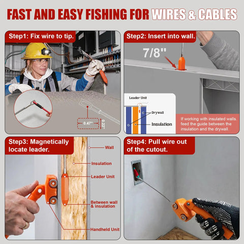 Pro Level Magnetic Wire Puller With Stainless Steel Leader And 180 Degree Pivot Grip For No Sweat Drywall Cable Fishing In Tight Wall Spaces Comes With Heavy Duty Storage Case
