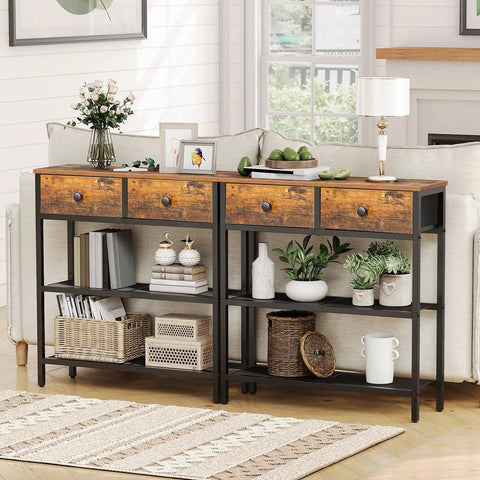 Ultra Slim 29.5 Inch Console Table With 3 Tier Storage, Two Fabric Drawers, Behind Sofa For Space Saving Entryway, Rustic Brown And Black