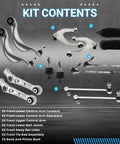 Plug And Play Front Suspension Control Arm Kit For BMW 5 And 6 Series, Includes Upper And Lower Arms, Sway Bar Link, Tie Rod, Rack And Pinion Boot Replacement, Compatible With XDrive Models Like 528i 535i 640i 650i components displayed.