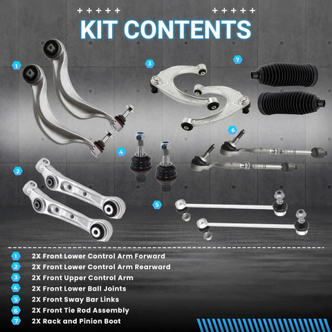 Plug And Play Front Suspension Control Arm Kit For BMW 5 And 6 Series, Includes Upper And Lower Arms, Sway Bar Link, Tie Rod, Rack And Pinion Boot Replacement, Compatible With XDrive Models Like 528i 535i 640i 650i components displayed.
