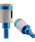 Two 1-inch dry diamond core drill bits with blue shanks and diamond-coated ends; front and side views.
