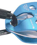 Close-up of Heavy Duty Large Rescue Climbing Pulley With Swing Plate, Double Sheave Safety Pulley, blue and fits 16mm rope.