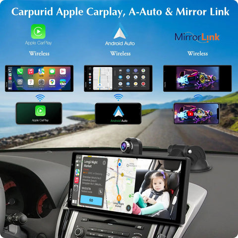 Slick Wireless CarPlay And Android Auto Dash Cam System with 9.3-inch HD IPS touch screen displaying navigation and features.