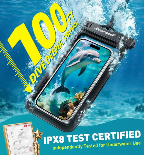 IPX8 Waterproof Phone Pouch For iPhone 17 16 15 14 Pro Max Cruise Ready Dry Bag underwater with dolphin image on screen