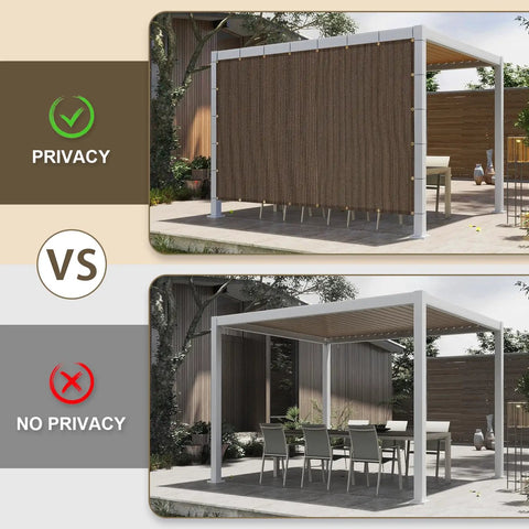 Comparison of pergola with and without 6x8 Ft Sun Shade Cloth With 95 Percent UV Protection HDPE Material Outdoor Shade Tarp With Grommets for privacy.