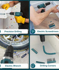 Collage of 206-Piece Cordless Drill And Tool Kit With LED Light, showing precision drilling, electric screwdrivers, wrench, and corner drilling.
