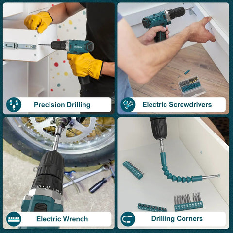 Collage of 206-Piece Cordless Drill And Tool Kit With LED Light, showing precision drilling, electric screwdrivers, wrench, and corner drilling.