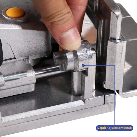 Close-up of No Sweat Lightweight Electric Biscuit Jointer 760W depth adjustment knob for precise cutting depth.