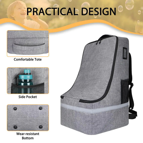 Gate Check Car Seat Travel Bag With Padded Backpack And Waist Belt shown with tote, side pocket, and protective feet
