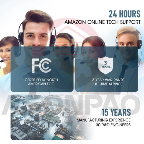 Customer service team with headsets, 24-hour support, FCC certified, 3-year warranty, and 15 years manufacturing experience badge.