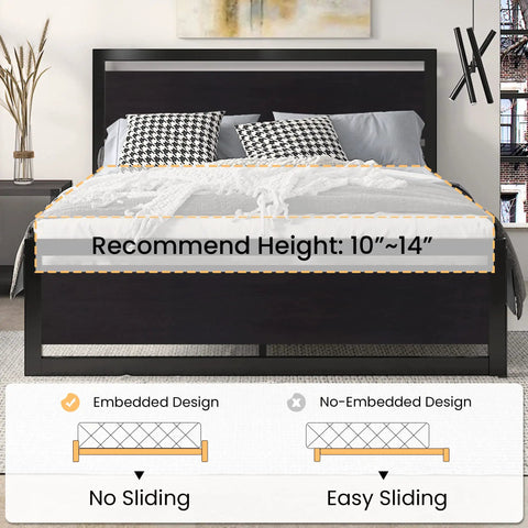 Kick Back On This Heavy Duty Queen Bed Frame With Modern Headboard And Black Steel Platform showing recommended mattress height.