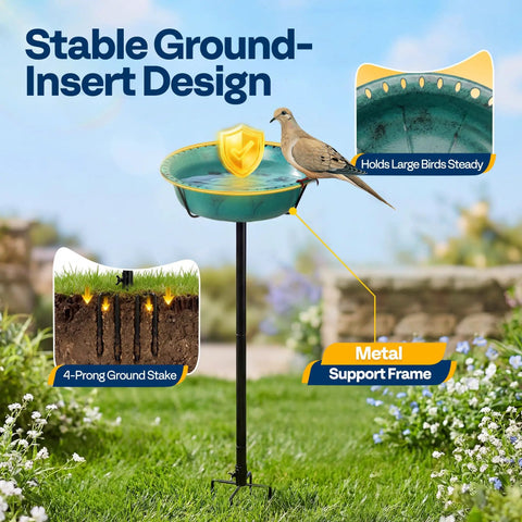 Outdoor Bird Bath With Ground Stake, Weather Resistant ABS Bowl, 13 Inch Diameter, 1.45 Gallon Capacity, Green Finish, garden setting