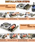 Installation steps for Dual Fuel Camp Stove With Infrared 8000 BTU Butane And Propane Portable Gas Stove with hose adapter.