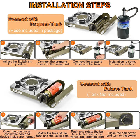 Installation steps for Dual Fuel Camp Stove With Infrared 8000 BTU Butane And Propane Portable Gas Stove with hose adapter.