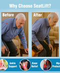 Man using Innovative Home Tech SeatLift Electric Stand Assist Cushion demonstrating support before and after use.