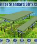 Stretchy Picnic Table Cover With Bench Covers For 6 Foot Rectangular Tables Elastic Fitted Spandex Tablecloth Washable Outdoor Gear Sage Green 30x72 set on a grass field showing table and bench dimensions.