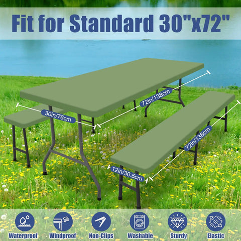 Stretchy Picnic Table Cover With Bench Covers For 6 Foot Rectangular Tables Elastic Fitted Spandex Tablecloth Washable Outdoor Gear Sage Green 30x72 set on a grass field showing table and bench dimensions.