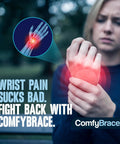 Woman pressing wrist with holographic image of wrist pain, promoting Nighttime Wrist Brace For Pain Relief From Carpal Tunnel Tendonitis And Arthritis.