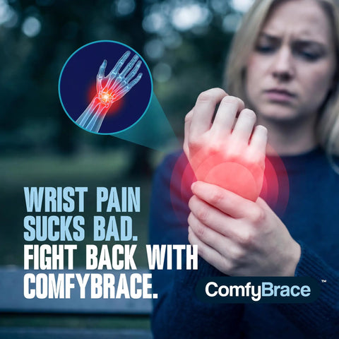 Woman pressing wrist with holographic image of wrist pain, promoting Nighttime Wrist Brace For Pain Relief From Carpal Tunnel Tendonitis And Arthritis.