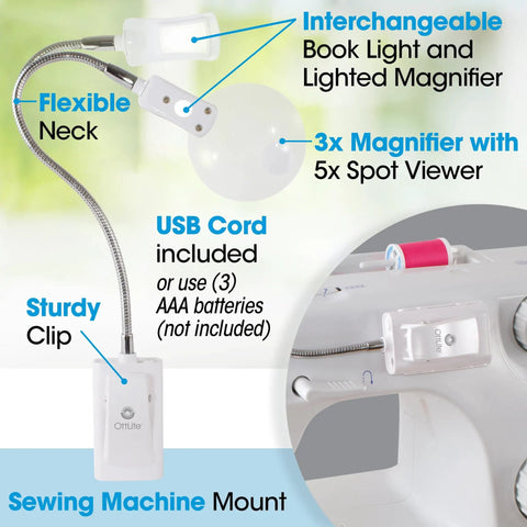 2 In 1 Sewing Machine Light With Clip On Lamp And Magnifier, LED 3x Optical Grade Magnifier Plus 5x Spot Viewer, White
