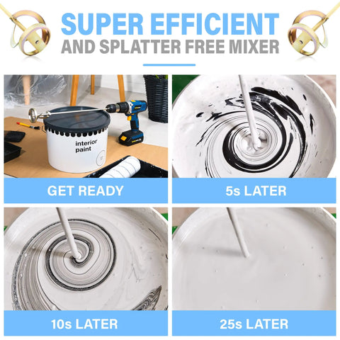 Grip Ready Drill Paint Mixer Attachment mixing paint in a 1-5 gallon bucket at different stages, super efficient process.