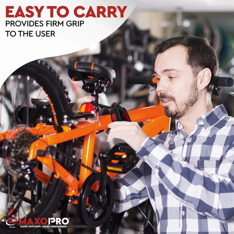 Man using 25 Piece Folding Allen Wrench Set With Metric And SAE Hex Keys And Torx on an orange bike