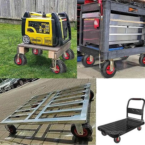 Collection of Top Shelf Hella Solid Eight Inch Swivel Caster Plates With Secure Wheel Brakes for various carts and platforms.