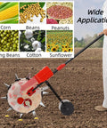 Hand Push Garden Seeder Roller Planter for sowing corn, soy, cotton, with 10-nozzle design and 8.27 lb seed capacity in use on field