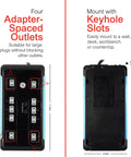 UltraPro 10 Outlet Surge Protector with USB Charging and Two USB Ports 2880 Joules 4 Foot Cord Black showing keyhole slots for mounting and adapter-spaced outlets for bulky plugs.