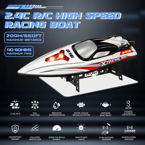 Beast Speed Brushless RC Boat For Adults And Kids With Two Rechargeable Batteries 19 Inch Remote Control Toy on display stand