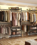 Wall Mounted Garment Rack With Four Expandable Rods And Eight Adjustable Shelves, Industrial Pipe Clothing Racks In Black Metal.