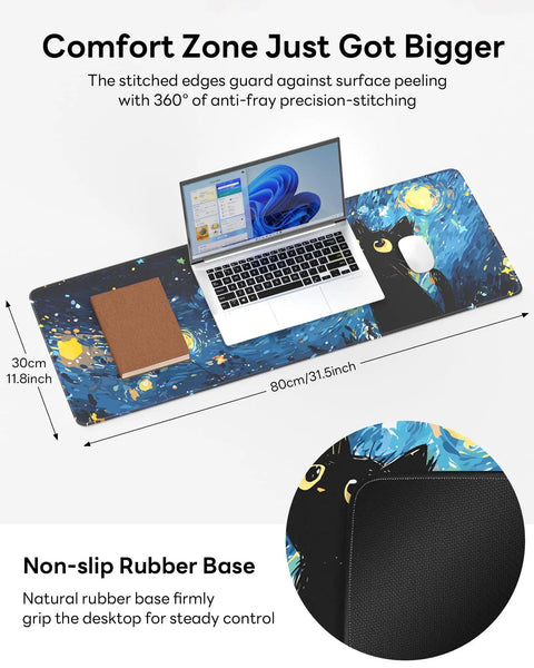 Starry Night Cat Mouse Pad 31.5 By 11.8 Large Desk Mat With Stitched Edges, non-slip rubber base, Van Gogh-inspired kitten pattern