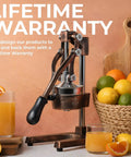 Heavy Duty Cast Iron Citrus Juicer Press Squeezes Every Last Drop Of Fresh Juice With Detachable Strainers, shown with fruits and juice