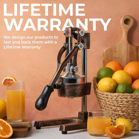 Heavy Duty Cast Iron Citrus Juicer Press Squeezes Every Last Drop Of Fresh Juice With Detachable Strainers, shown with fruits and juice