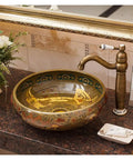 Rock Solid Vintage Brown Porcelain Vessel Sink For Bathroom Vanity, Super Sleek High Gloss Above Counter Round Wash Bowl Heavy Duty Ceramic Basin With Easy Install on granite countertop.