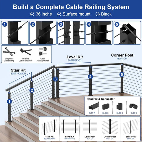 10 Pack Three Sixteenth Inch Black Swageless Invisible Cable Railing Kits With Tensioner System For Easy Install On Deck Or Stair Railings Ideal For Outdoor Or Indoor Projects With Durable Components And Quick, Easy Adjustability For A Slick Look. Black cable railing system on stair and level posts