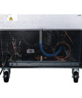 Commercial Reach In Split Door Freezer With Dual Solid Doors And Twenty Three Cubic Feet Of Badass Cold Storage For Quick Bites Kitchens Plus Corner Shops Featuring No Fuss Digital Thermostat Controls Sleek Wire Shelving Racks back view showing compressor and cooling system.