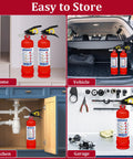 Four images showing Six Pack 2.5 Lb ABC Dry Chemical Fire Extinguishers With Quick Release Handle in various settings like home, car, kitchen, and garage.